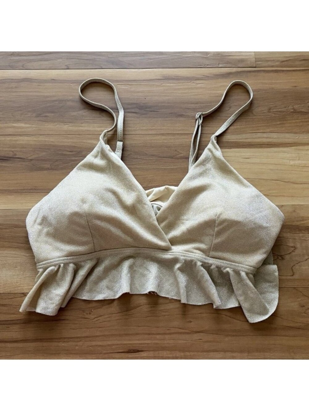 Tempt Me Gold Metallic Large Bikini Top Pullover Ruffle Adjustable Straps NWT